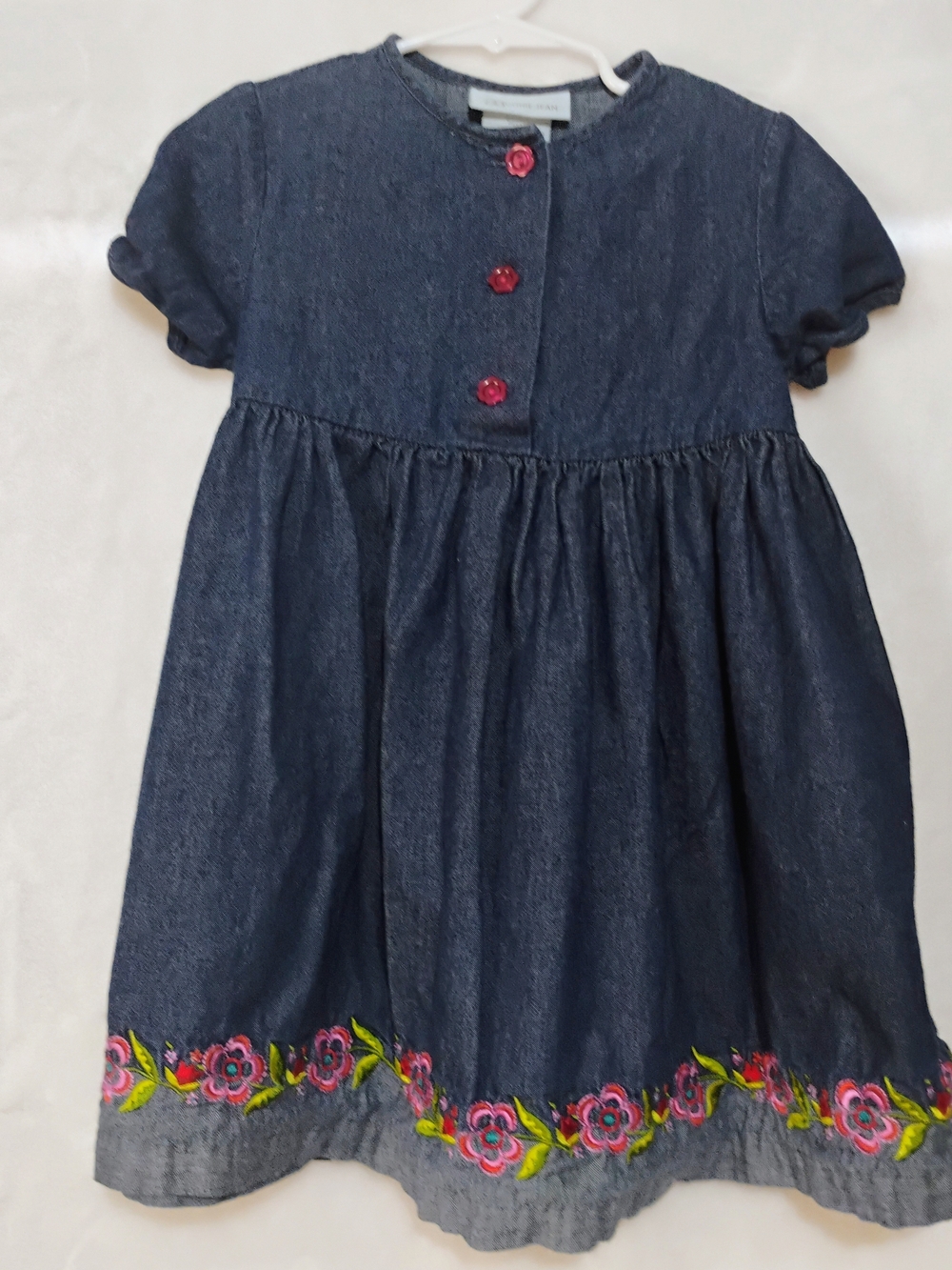 Vtg Bonnie Jean 4T Cotton Denim Dress Floral Embroidery Button Flowers L